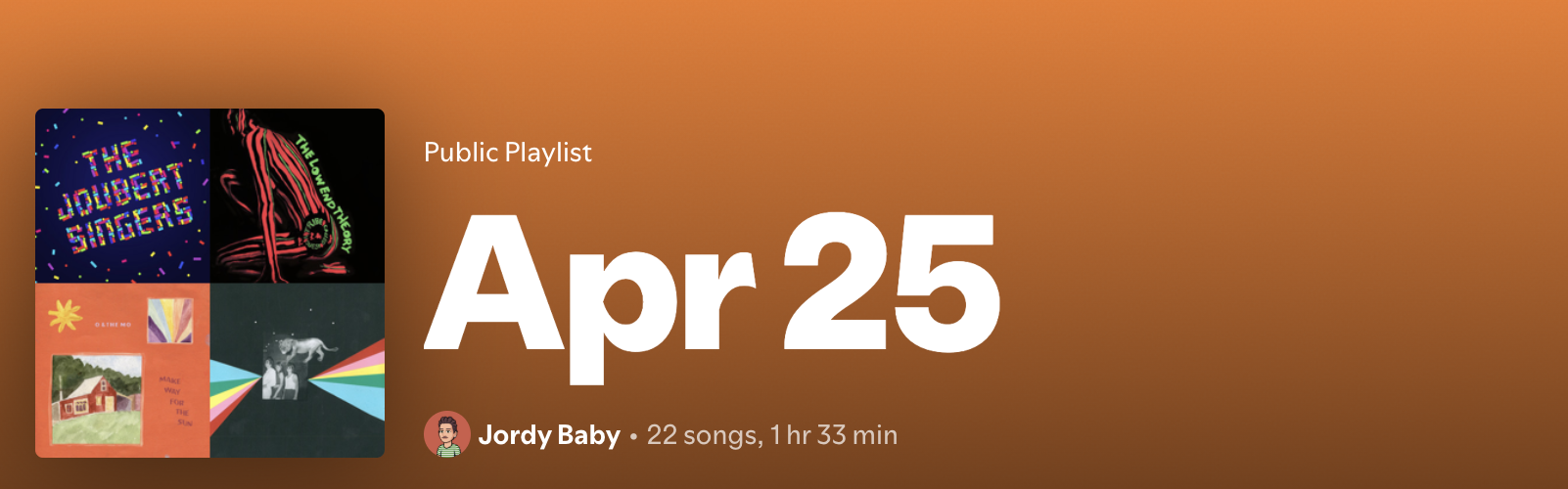 Spotify 'Apr 25' public playlist card by Jordy Baby with 22 songs and 1 hr 33 min runtime
